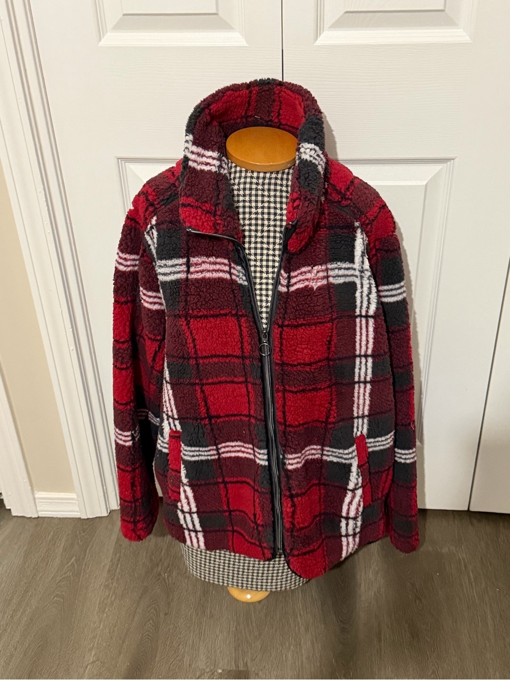 Nwt Allison Daley Red, Black & White Plaid Sherpa Zip Jacket 2x
